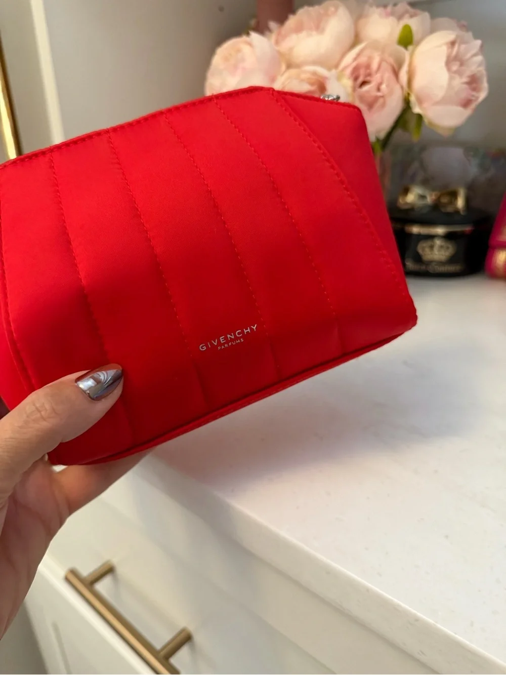 Red Quilted givenchy perfumes nwot Cosmetic zipper Pouch with Silver Logo